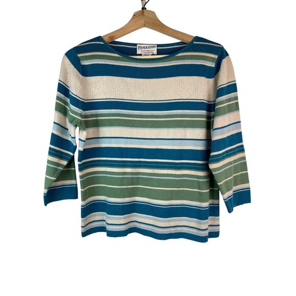Pendleton Originals Women's Size PM Tan Blue Green Striped 3/4 Sleeve Sweater - Picture 1 of 5